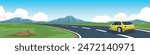 Cartoon Vector or Illustration of a yellow car on the road. Luxury cars driving on curved asphalt roads with driving. Green open fields and mountain under blue sky for background.