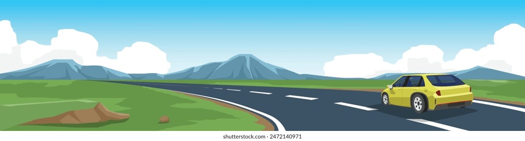 Cartoon Vector or Illustration of a yellow car on the road. Luxury cars driving on curved asphalt roads with driving. Green open fields and mountain under blue sky for background.