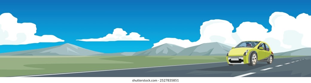 Vector de dibujos animados o ilustración de un coche amarillo en la carretera. Coches de lujo con conductor en carreteras de asfalto. Campos abiertos verdes y montaña bajo cielo azul para el fondo.