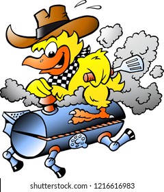 Cartoon Vector illustration of an Yellow Chicken riding a BBQ grill barrel