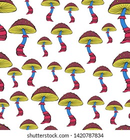Cartoon vector illustration of yellow, pink, blue mushroom seamless pattern. Unique texture for invitations, cards, websites, wrapping paper, textile. Drawing template isolated on white background