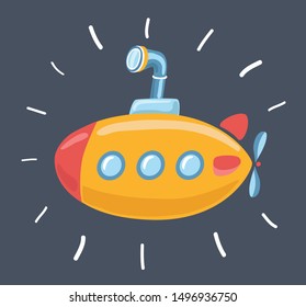 Cartoon vector illustration of Yellow Submarine on dark background.