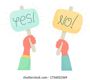 Cartoon vector illustration of Yes No banner in human hand. Test question. Choice hesitate, dispute, opposition, choice, dilemma, opponent view.