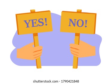 	
Cartoon vector illustration of Yes No banner in human hand on white background. Test question. Choice hesitate, dispute, opposition, choice, dilemma, opponent view.