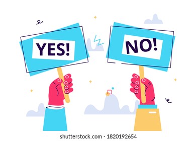 Cartoon vector illustration of Yes No banner in human hand on white background. Test question. Choice hesitate, dispute, opposition, choice, dilemma, opponent view.