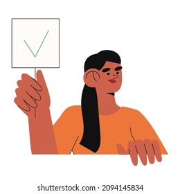 Cartoon vector illustration of Yes No banner. Human character hold placard in hand on white background. Test question. Choice hesitate, dispute, opposition, choice, dilemma, opponent view.