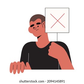 Cartoon vector illustration of Yes No banner. Human character hold placard in hand on white background. Test question. Choice hesitate, dispute, opposition, choice, dilemma, opponent view.