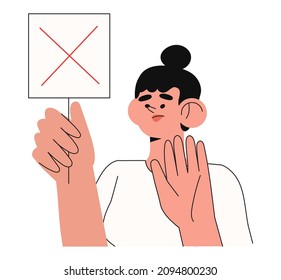 Cartoon vector illustration of Yes No banner. Human character hold placard in hand on white background. Test question. Choice hesitate, dispute, opposition, choice, dilemma, opponent view.