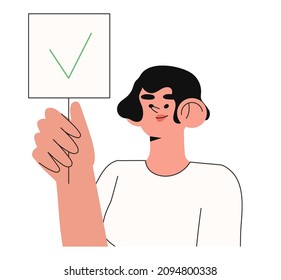 Cartoon vector illustration of Yes No banner. Human character hold placard in hand on white background. Test question. Choice hesitate, dispute, opposition, choice, dilemma, opponent view.