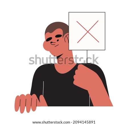 Cartoon vector illustration of Yes No banner. Human character hold placard in hand on white background. Test question. Choice hesitate, dispute, opposition, choice, dilemma, opponent view.