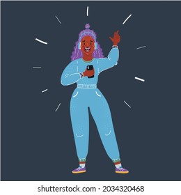 Cartoon vector illustration of young african teen listening music in headphones. Isolaed on dark backround.