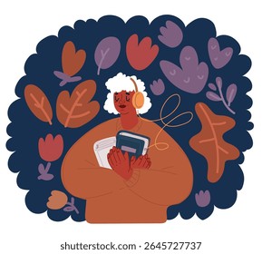 Cartoon vector illustration of young african american woman in c listening books with headphones dancing rising hands keeping eyes closed over dark background