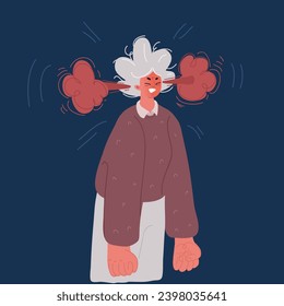 Cartoon vector illustration of Young angry woman with steam blowing from ears over dark backround