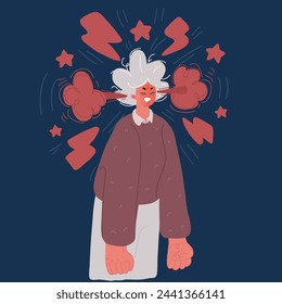 Cartoon vector illustration of Young angry woman with steam blowing from ears over dark background