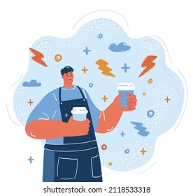 Cartoon vector illustration of young barista with coffee in disposable cups. Coffee to take away concept.