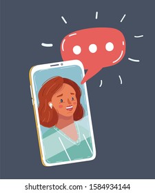 Cartoon vector illustration of Young beautiful woman face speak on phone screen. Girl taking self portrait on smartphone. Speech bubble. Video call posses. Online conversation.