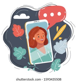 Cartoon vector illustration of Young beautiful woman on phone screen. Dark background.