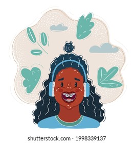 Dibujo vectorial de dibujos animados de jóvenes adolescentes negros escuchando música y sonriendo.