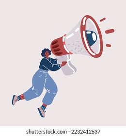 Cartoon vector illustration of young black woman shouting on the megaphone and flying