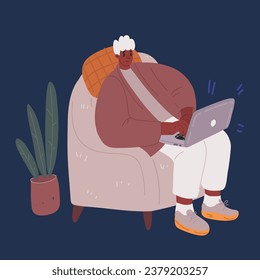 Cartoon vector illustration of Young black man sitting in chair bag and working on computer. Remote working, home office, self isolation concept over dark backround