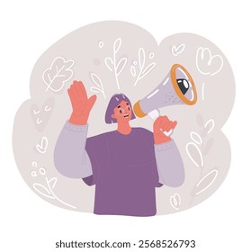 Cartoon vector illustration of Young black woman with braids shouting through megaphone.