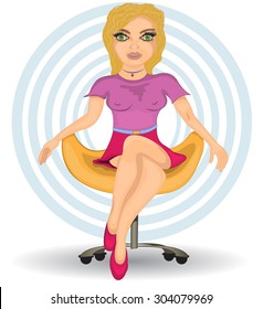 Cartoon vector illustration of a young blond female sitting on a modern chair.