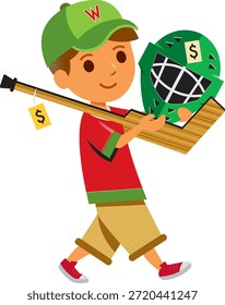 Una Ilustración vectorial de dibujos animados de un niño vestido con equipo de béisbol, con una camisa roja, pantalones cortos beige, zapatos rojos y una gorra verde, sosteniendo un bate de madera y un casco con signos de dólar, que representan deportes y equipos juveniles.