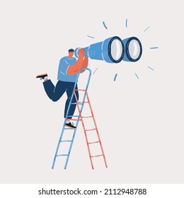 Cartoon vector illustration of Young businessman on a ladder using giant binoculars at ladders