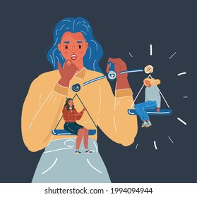 Cartoon vector illustration of young businesswoman conducting a job interview holding scale with two potential female candidate on dark backround.