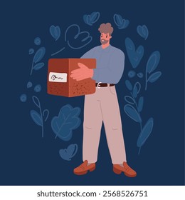 Cartoon vector illustration of Young caucasian man moving to a new home over dark backround