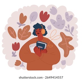 Cartoon vector illustration of Young cheerful fun happy afro woman listen to audiobook in headphones