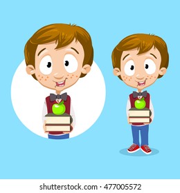 Cartoon vector illustration of young child holding stack of books