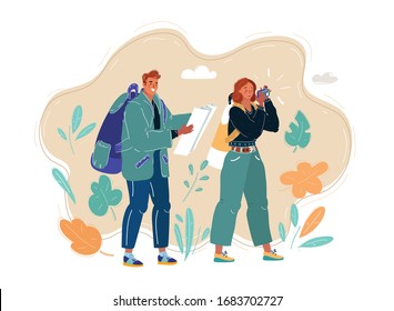 Cartoon vector illustration of Young couple with travel bag and map traveling. Man and woman tourists make photos.