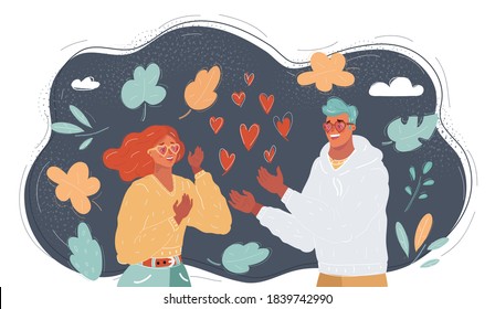 Cartoon vector illustration of Young couple in love. Man and woman on dark background.