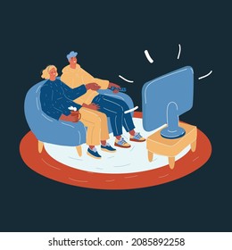 Cartoon vector illustration of Young couple waching movie on tv. Self isolation at home. Characters on dark backround.