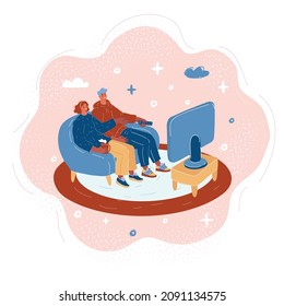 Cartoon vector illustration of Young couple on sofa watching a movie