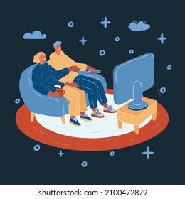 Cartoon vector illustration of Young couple waching movie on tv. Self isolation at home at night.