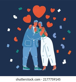 Dibujo vectorial de una pareja joven besándose en un oscuro fondo
