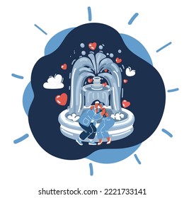 Cartoon vector illustration of Young couple embrace tenderly and kissing near fountain over black background