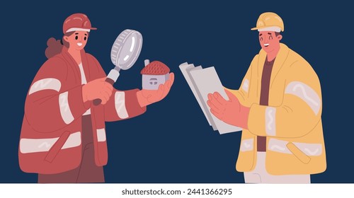 Cartoon vector illustration of Young couple looking at the blue prints of their new home over dark backround