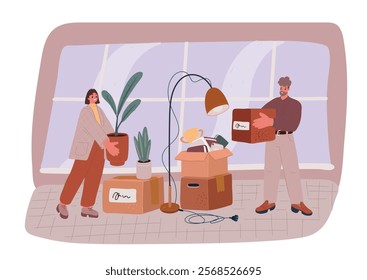 Cartoon vector illustration of Young couple moving in new home .Couple is having fun with cardboard boxes in new house at moving day