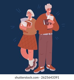 Ilustração vetorial de desenhos animados de um jovem casal de estudantes carregando livros didáticos de pé juntos sobre fundo escuro