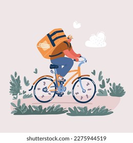 Cartoon vector illustration of Young courier, delivery man in uniform with thermo backpack on bike. Fast transport express home delivery. Online order.