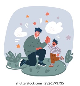 Cartoon vector illustration of young dad giving high five gesture to son for success school achievement, parenthood time. Family parenting concept.