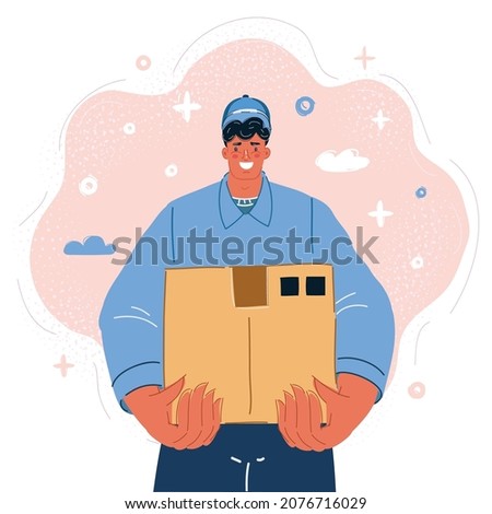 Cartoon vector illustration of young delivery man holding and carrying a cardbox