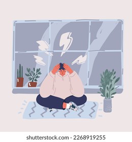 Cartoon vector illustration of Young depressed male character sitting on the floor holding his head, mental health issues. Man on carpet