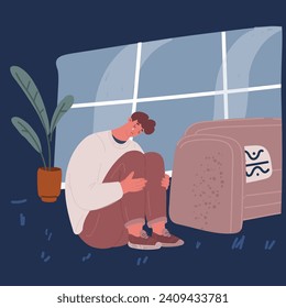 Ilustración vectorial de dibujos animados de un joven personaje masculino deprimido sentado en el suelo y de rodillas, problemas de salud mental sobre un fondo oscuro