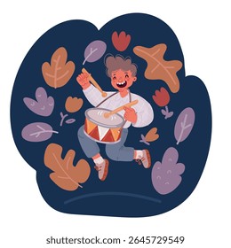 Ilustração vetorial de desenhos animados de Jovem baterista músico aprendendo a tocar bateria sobre fundo escuro
