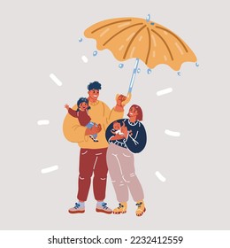 Cartoon vector illustration of young Family with the umbrella. Father, mother and kids. Daughter, son