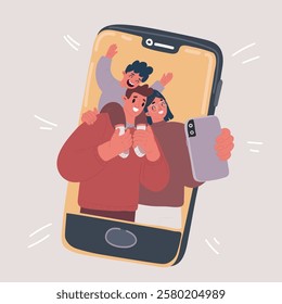 Cartoon vector illustration of young family with kid laughing on smartphone using mobile apps on phone